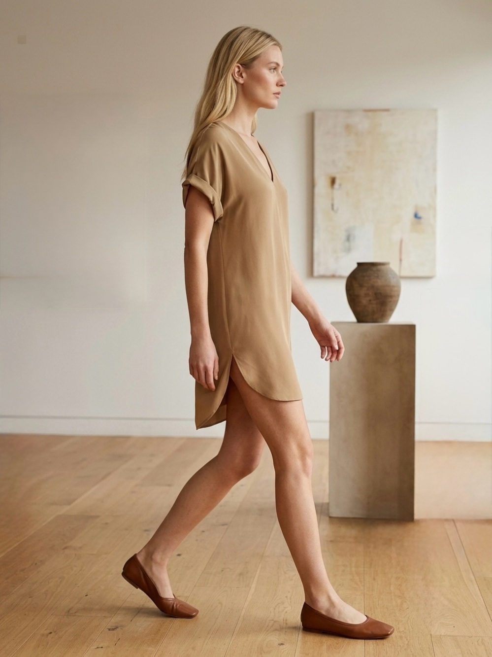 Polo Ralph Lauren Camel V-Neck Shift Dress 6 Minimalist Quiet Luxury Capsule